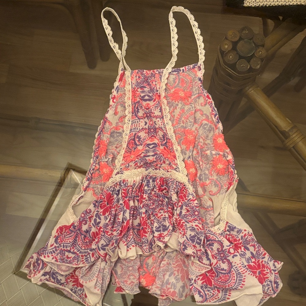 Free People Vibrant Pink and Purple Lace Dress